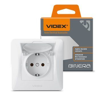 Розетка одинарная с заземлением и кришкою белая VIDEX BINERA VF-BNSK1GС-W 24436 фото