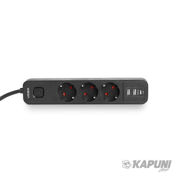 Мережевий удлинитель VIDEX ONCORD с/с 3п 3м (3x1.5мм) 2.4А 2USB+USB-C с кнопкою Black VF-PD33G2U1C-B 27694 фото