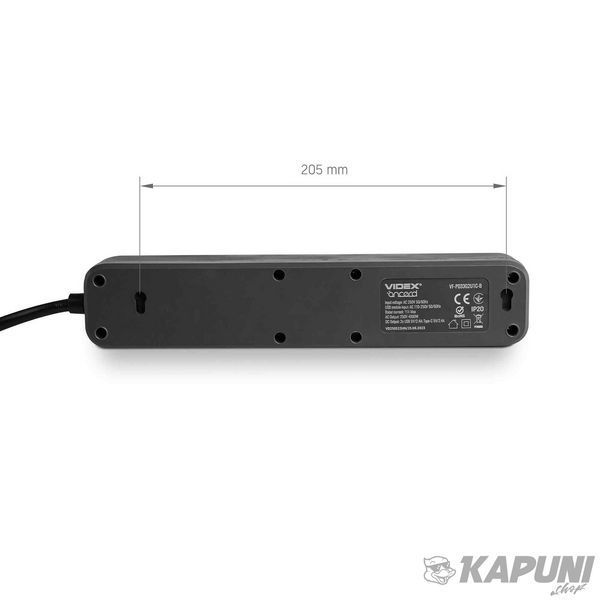 Мережевий удлинитель VIDEX ONCORD с/с 3п 3м (3x1.5мм) 2.4А 2USB+USB-C с кнопкою Black VF-PD33G2U1C-B 27694 фото
