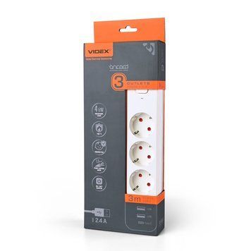 Мережевий удлинитель VIDEX ONCORD с/с 3п 3м (3x1.5мм) 2.4А 2USB+USB-C с кнопкою White VF-PD33G2U1C-W 27693 фото