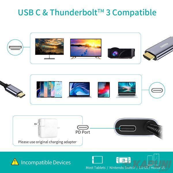 Кабель USB-C на HDMI, 4K 60 Гц, вход питания PD, 1.8м Choetech XCH-M180GY XCH-M180GY фото