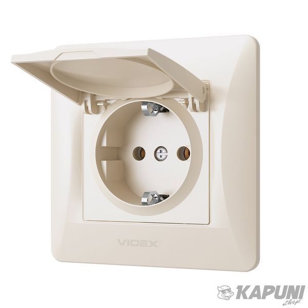 Розетка одинарная с заземлением и кришкою кремова VIDEX BINERA VF-BNSK1GС-CR 24695 фото