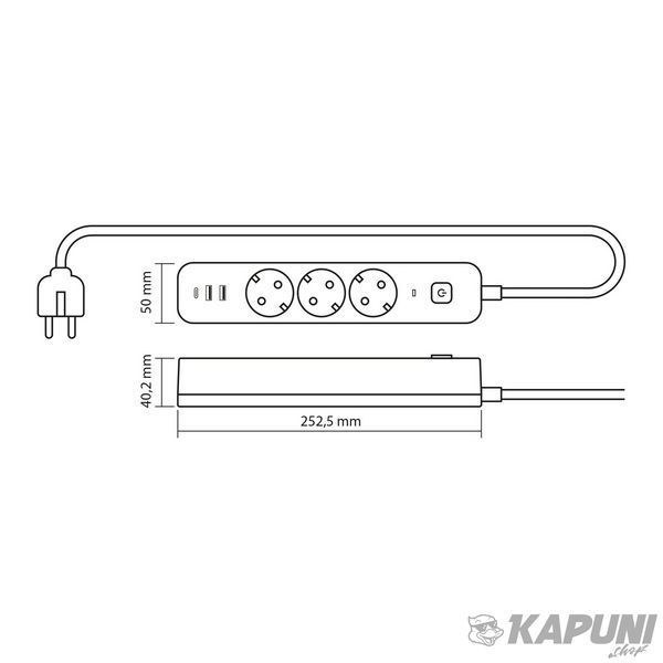 Мережевий удлинитель VIDEX ONCORD с/с 3п 3м (3x1.5мм) 2.4А 2USB+USB-C с кнопкою White VF-PD33G2U1C-W 27693 фото