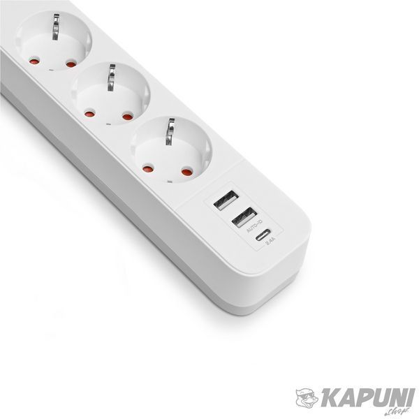 Мережевий удлинитель VIDEX ONCORD с/с 3п 3м (3x1.5мм) 2.4А 2USB+USB-C с кнопкою White VF-PD33G2U1C-W 27693 фото
