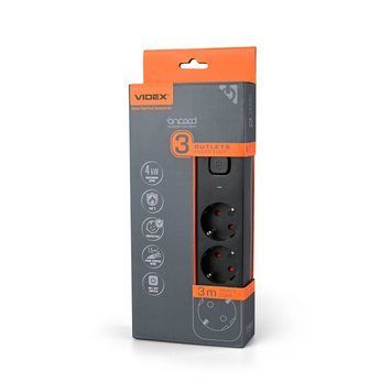 Мережевий удлинитель VIDEX ONCORD с/с 3п 3м (3x1.5мм) с кнопкою Black VF-PD33G-B 27686 фото