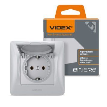 Розетка одинарная с заземлением и кришкою срібний шовк VIDEX BINERA VF-BNSK1GС-SS 24900 фото