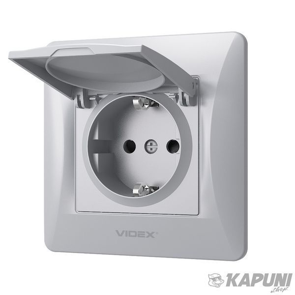 Розетка одинарная с заземлением и кришкою срібний шовк VIDEX BINERA VF-BNSK1GС-SS 24900 фото