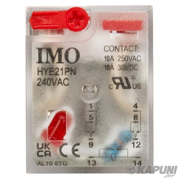 Проміжне реле IMO HYE, 2 перекидні контакти, 10 А, котушка 240 В AC, LED-індикація і тестова кнопка, у комплекті з колодкою зі скобою типу S HYE21PN240AC+SRNE2-S HYE21PN240AC+SRNE2-S фото