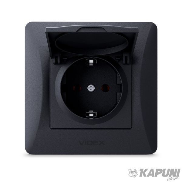 Розетка одинарная с заземлением и кришкою черный графіт VIDEX BINERA VF-BNSK1GС-BG 24474 фото