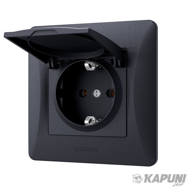 Розетка одинарная с заземлением и кришкою черный графіт VIDEX BINERA VF-BNSK1GС-BG 24474 фото