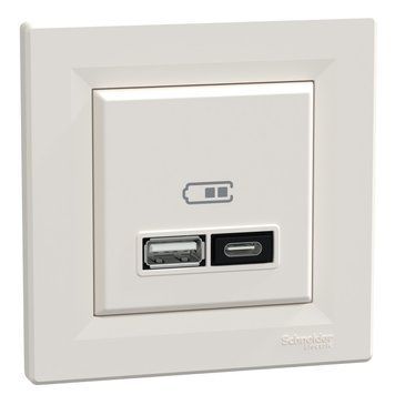 USB-розетка Schneider Electric Asfora USB-A+USB-C 21 вт кремова EPH2700523 EPH2700521 фото