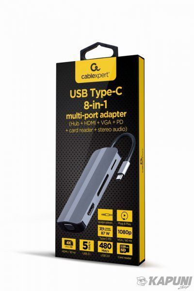 Док станция USB-C 8-в-1 (USB хаб 3.0/HDMI//VGA/PD/картридер/стерео-аудио) Cablexpert A-CM-COMBO8-02 A-CM-COMBO8-02 фото