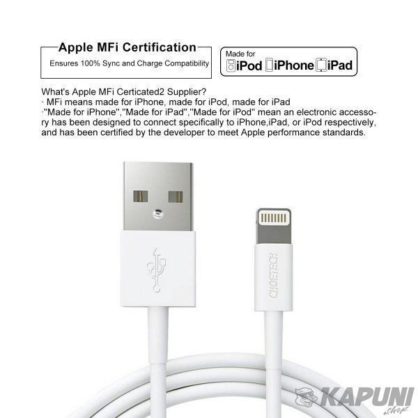 Кабель USB 2.0 А-тато/Lightning , MFI, 1.2 м, преміум, 2.1 А, IP0026-WH IP0026-WH фото
