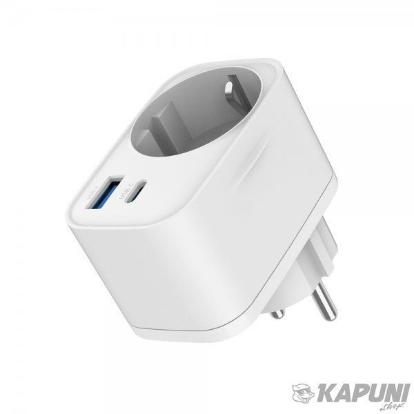 Мережевий зарядний пристрій Gembird з вбудованою розеткою, 1 USB-A + 1 Type-C (PD20Вт + QC3.0 18Вт), білий TA-ACPDQC20-01-W TA-ACPDQC20-01-W фото