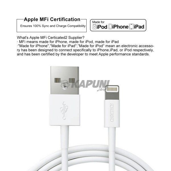 Кабель USB 2.0 А-папа/Lightning, MFI, 1.2 м, премиум, 2.1 А, IP0026-WH IP0026-WH фото